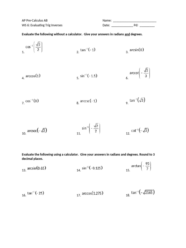 Evaluating Trig Inverses Worksheet | PDF