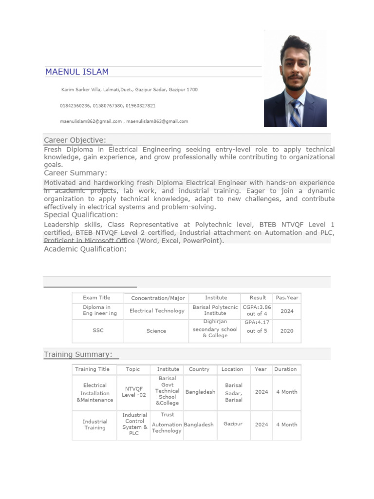 Fresh Electrical Engineer Resume | PDF