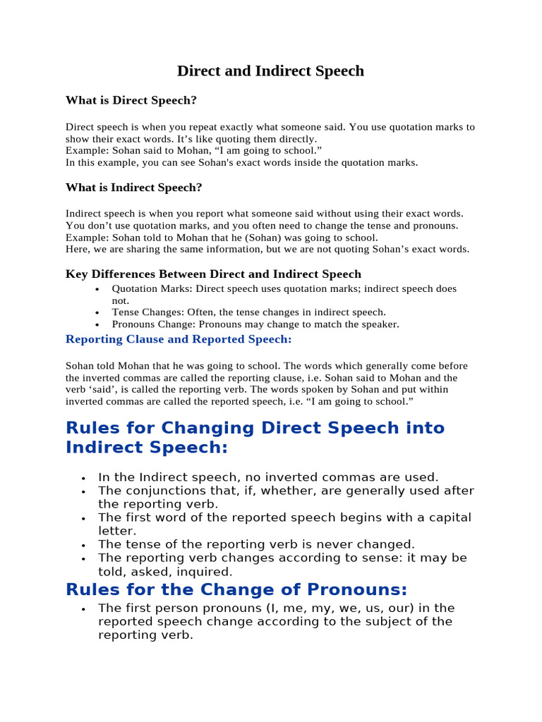 Direct vs Indirect Speech Explained | PDF | Verb | Linguistics