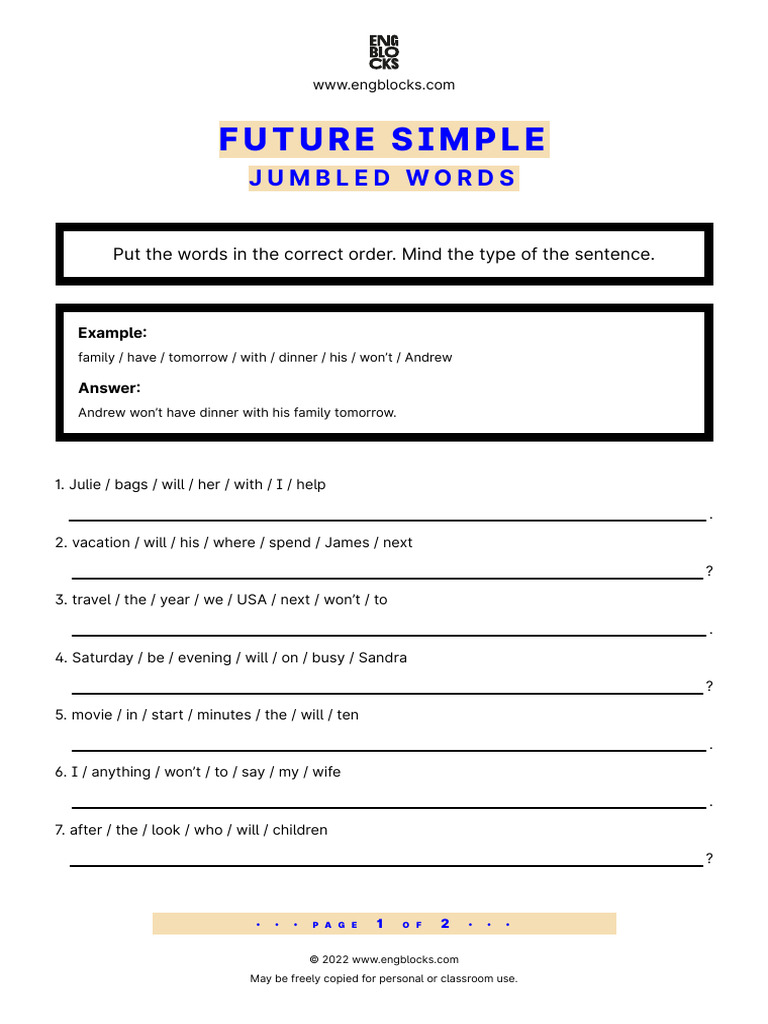 Future Simple Jumbled Sentences Exercise | PDF | Chess | Chess Theory