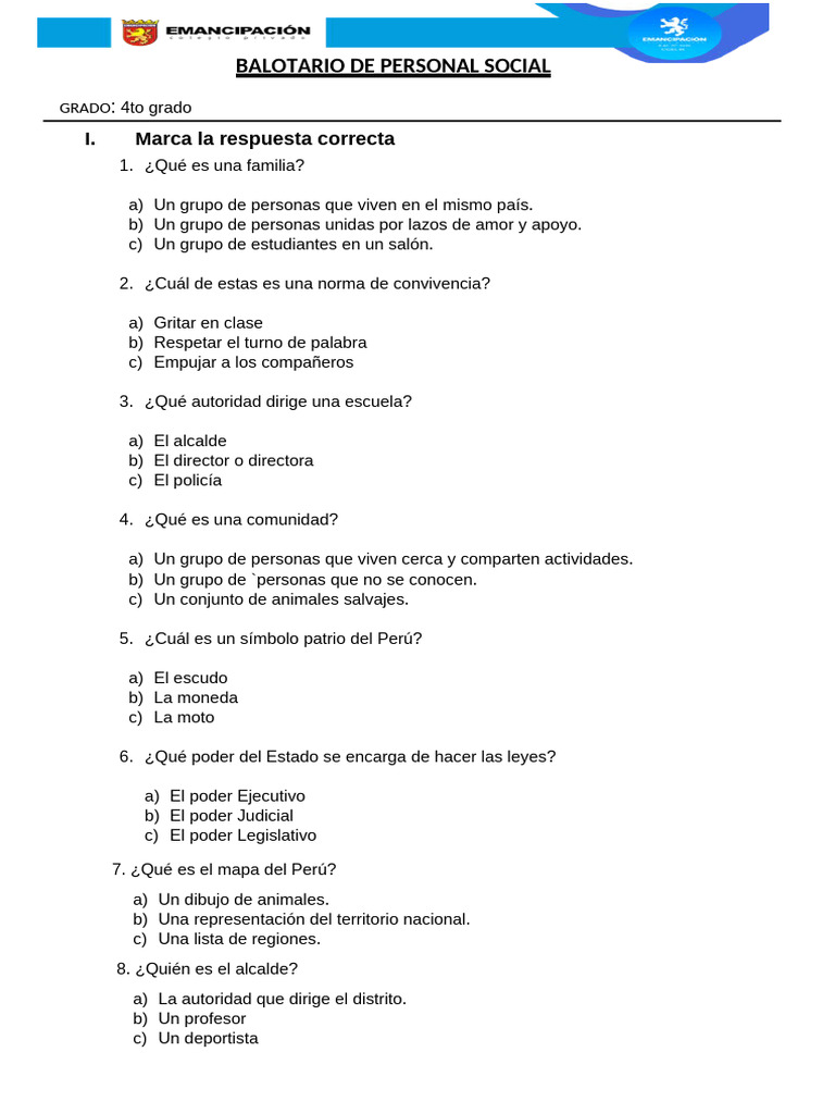 Preguntas de Personal Social 4to Grado | PDF | Perú