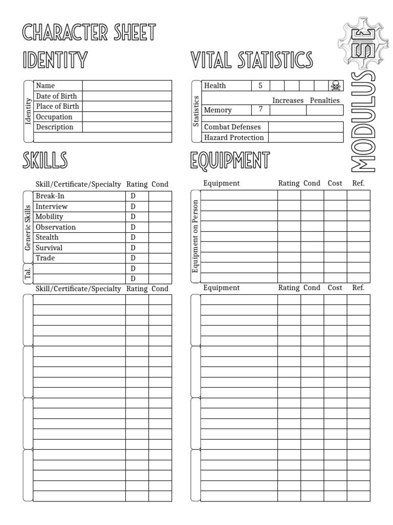 Character Sheet Modulus SE | PDF