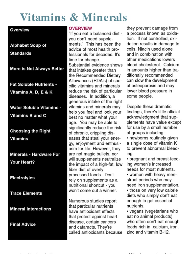 Essential Vitamins and Minerals Guide | PDF | Folic Acid | Diet & Nutrition