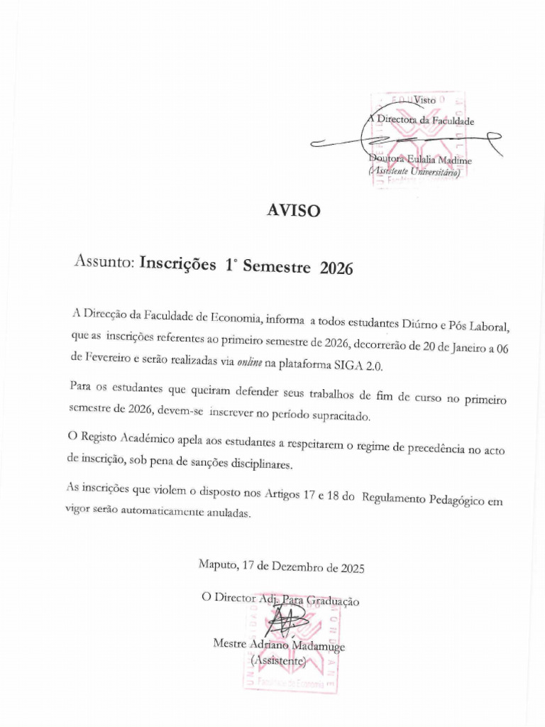 Avio - Inscricoes Primeiro Semestre 2026 | PDF