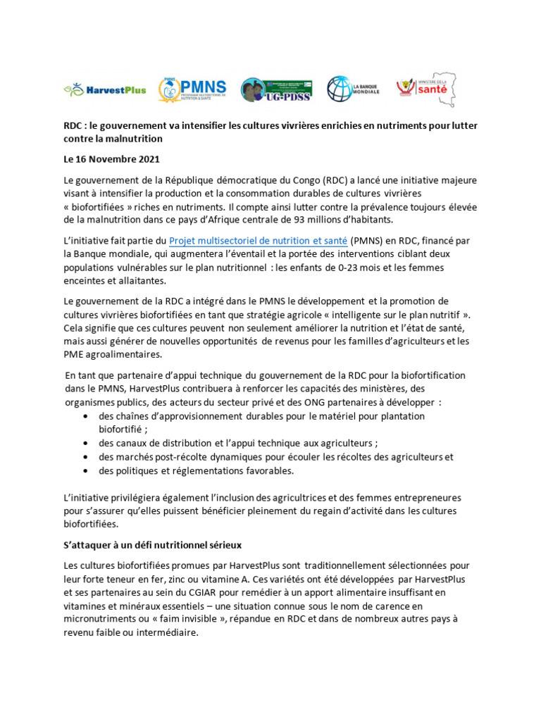 Intensification des cultures biofortifiées en RDC | PDF | Malnutrition ...