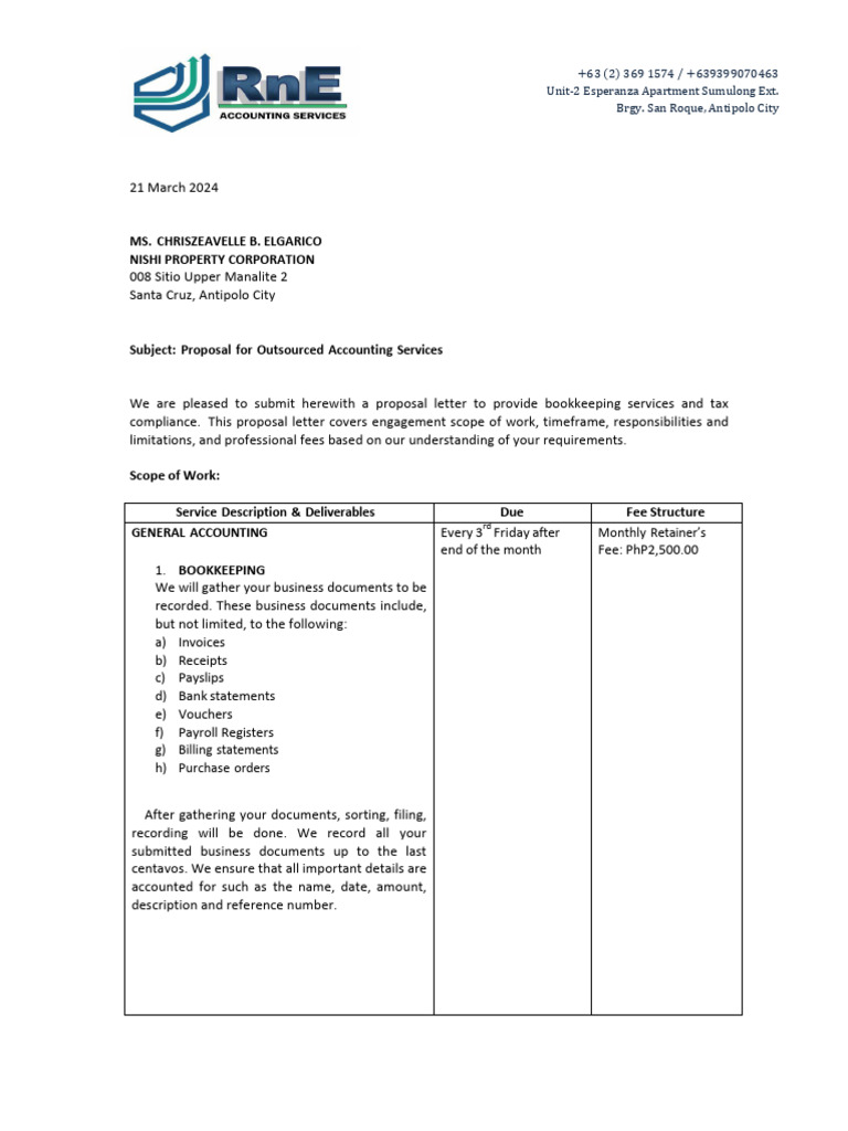 Accountancy Retainer's Fee Proposal | PDF | Contractual Term | Private Law