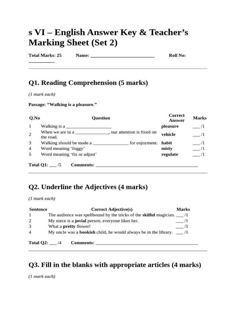 Answer Key Class Vi Set 2 | PDF | Grammar | Human Communication
