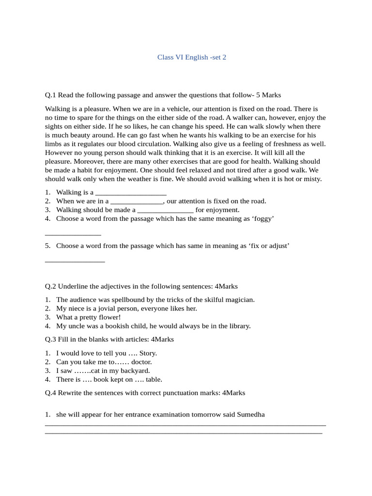 Class VI English Worksheet Set 2 | PDF