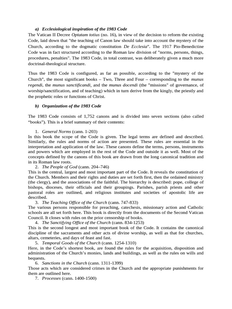 Overview of the 1983 Canon Law Code | PDF | Catholic Church | Canon Law