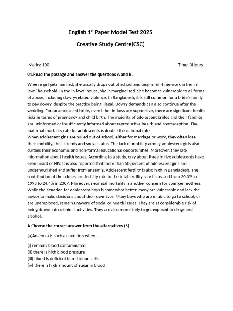 2nd Year Model Test | PDF