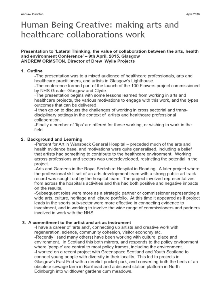 Arts and Healthcare Collaboration Insights | PDF