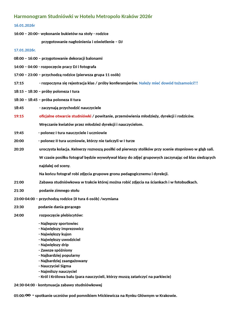 Harmonogram Studniówka 2026r | PDF