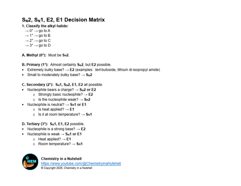 SN2, SN1, E2, E1 Decision Matrix - Chemistry in a Nutshell | PDF