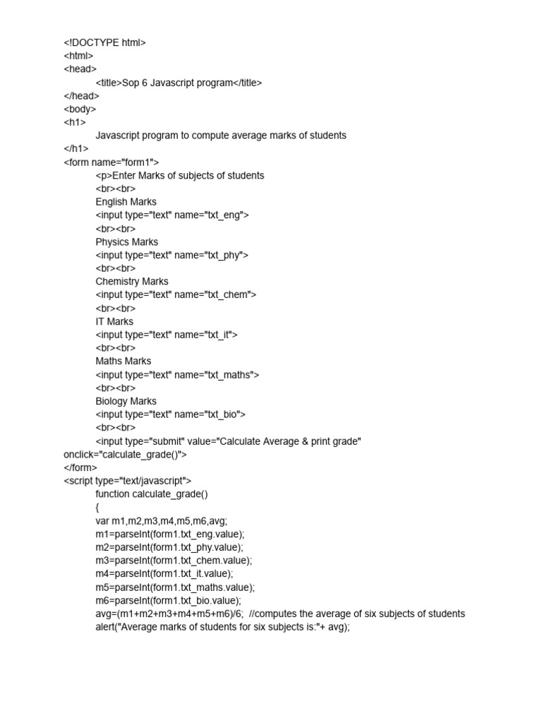 Average Marks Calculator in JavaScript | PDF