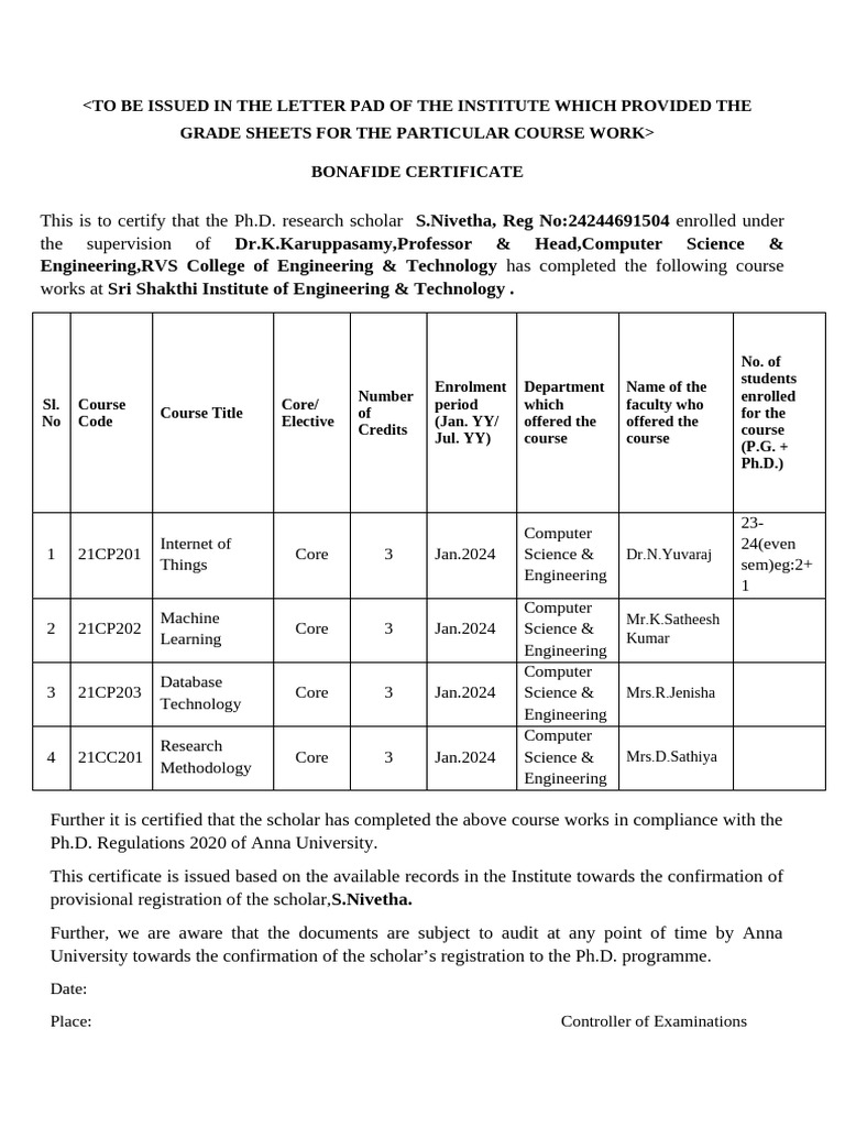 Ph.D. Course Completion Certificate | PDF | Science