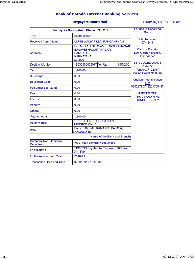 Bank of Baroda TDS Payment Receipt | PDF | Banking | Services (Economics)
