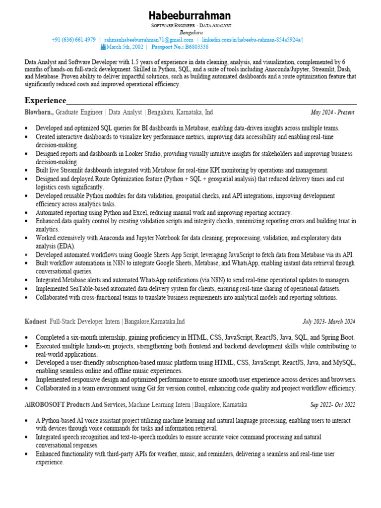 Data Analyst & Software Engineer Resume | PDF | My Sql | Python ...