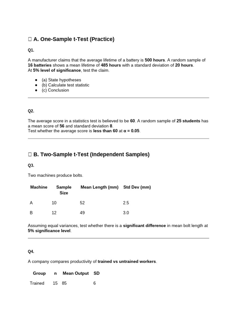 T-Test Practice Questions and Solutions | PDF | Student's T Test ...
