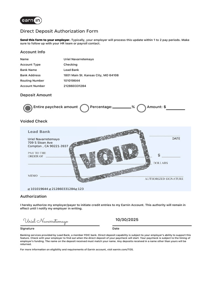 Direct Deposit Authorization Form | PDF