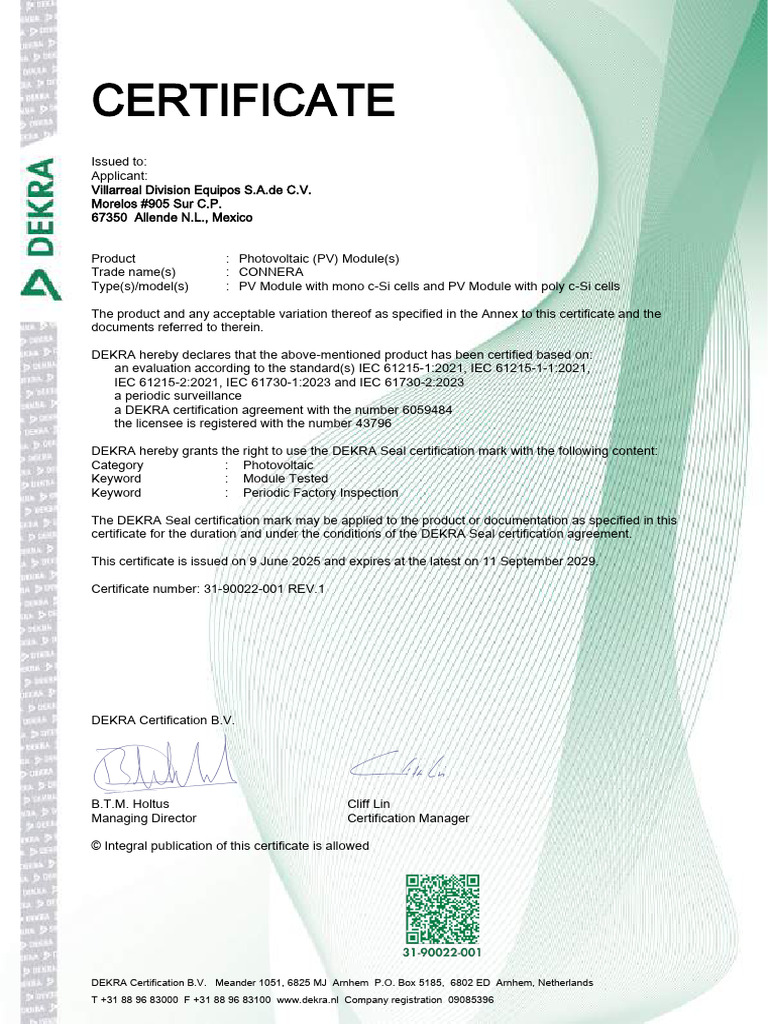 DEKRA Certification for CONNERA PV Modules | PDF | Energy Harvesting ...