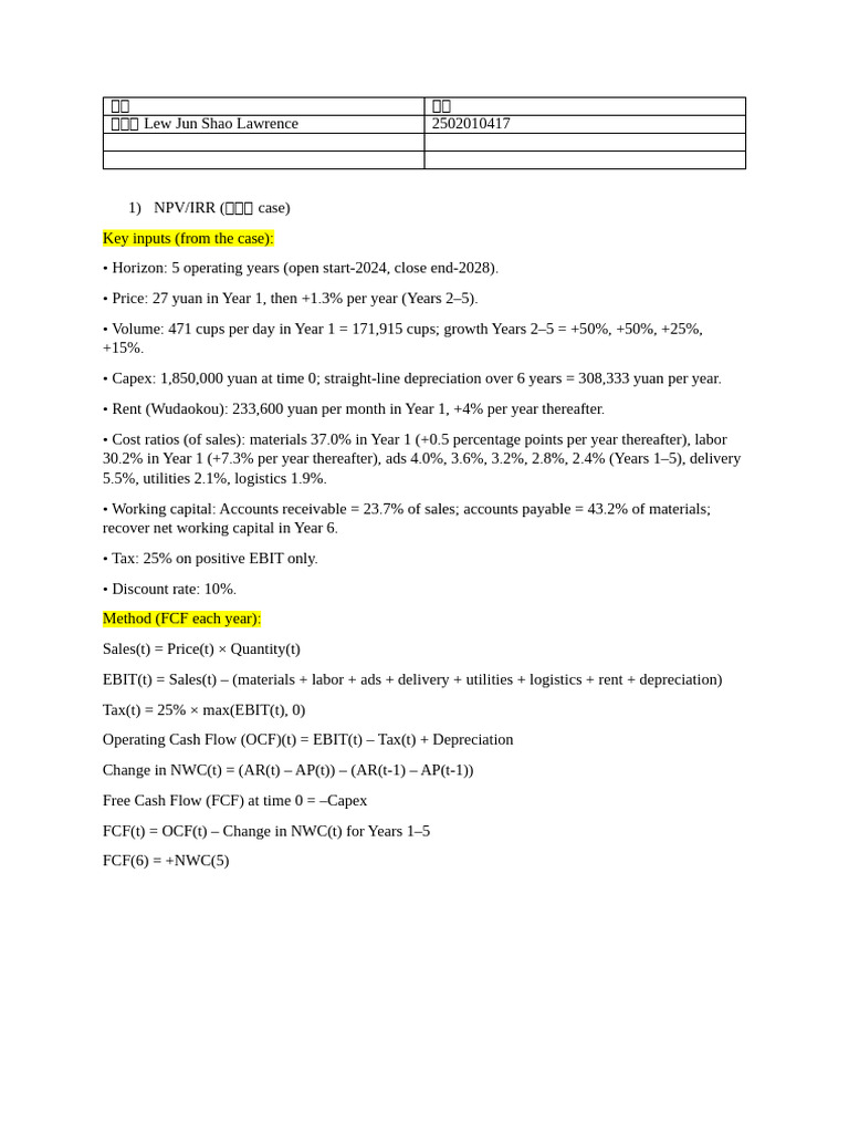 Case 3 Corporate Finance | PDF | Net Present Value | Internal Rate Of ...