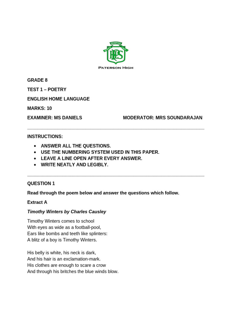 Grade 8 English Poetry and Drama Tests | PDF