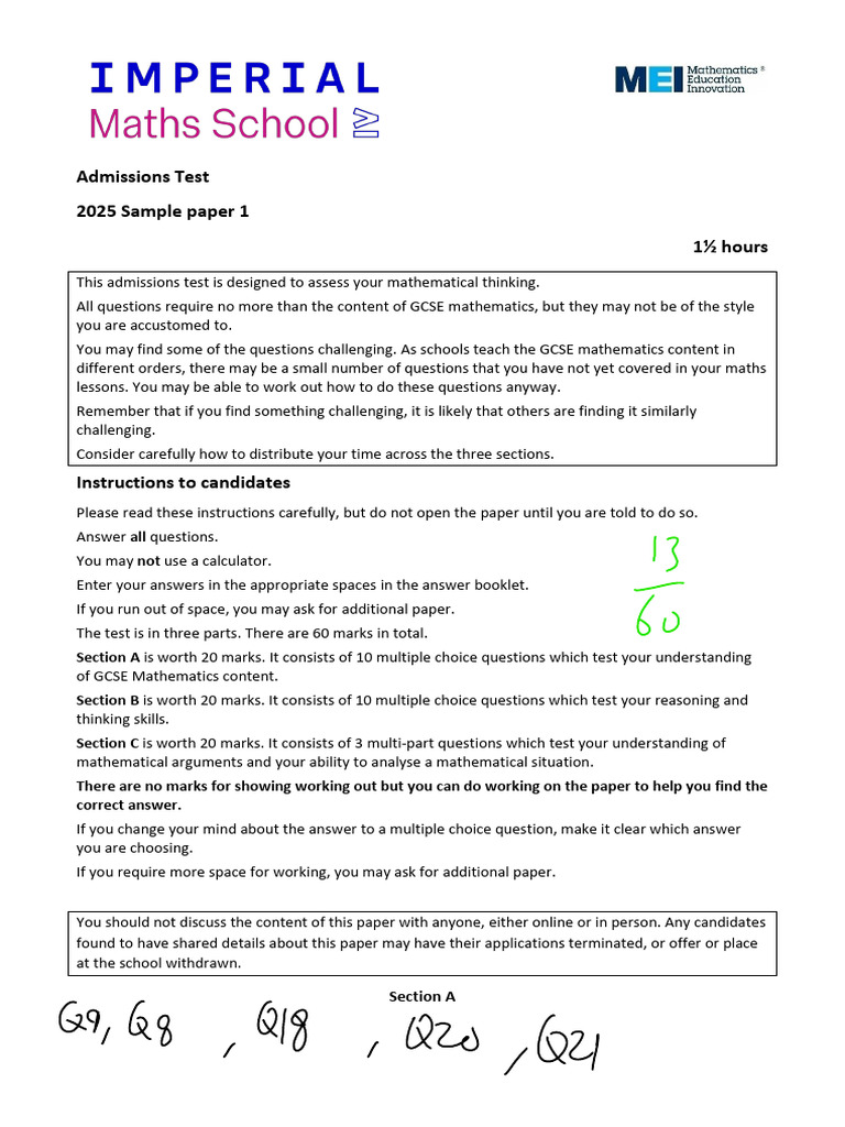 Imperial Maths School Admissions Paper Sample | PDF | Multiple Choice ...