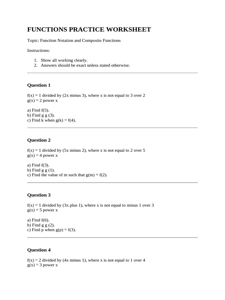 Functions Practice Worksheet: Notation & Composition | PDF