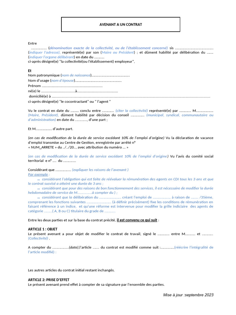 Avenant au contrat de travail agent public | PDF
