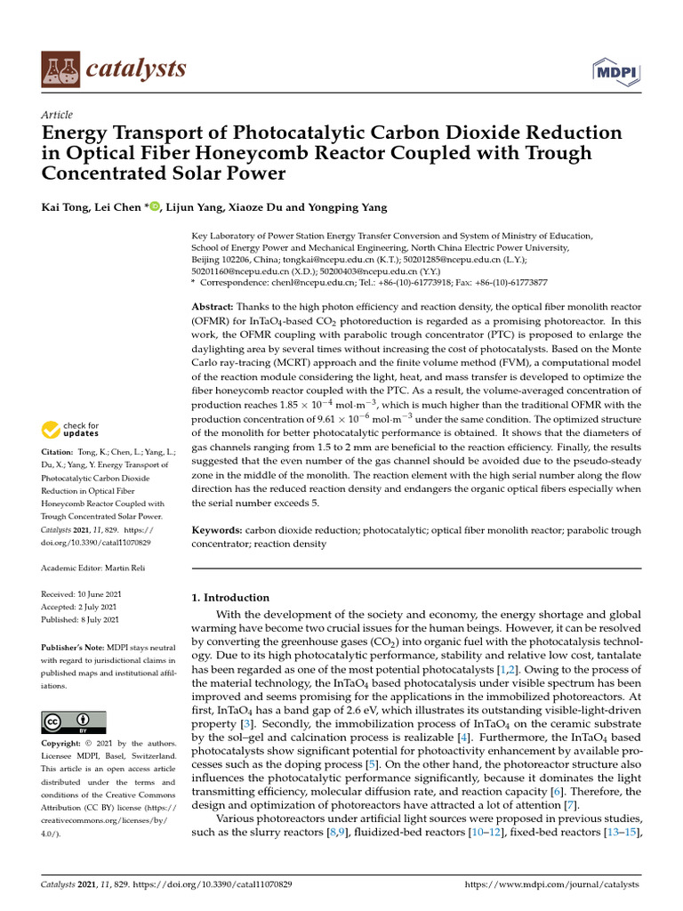 Photocatalytic CO2 Reduction in Fiber Reactors | PDF | Optical Fiber ...