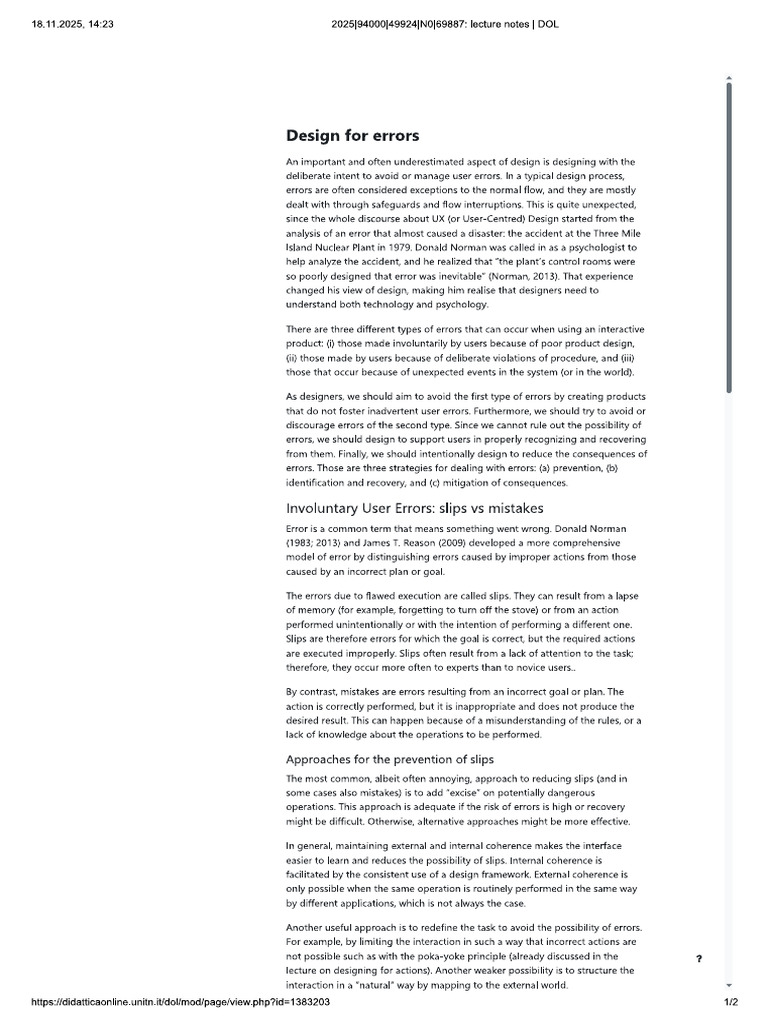 Lecture Notes - Design For Errors | PDF
