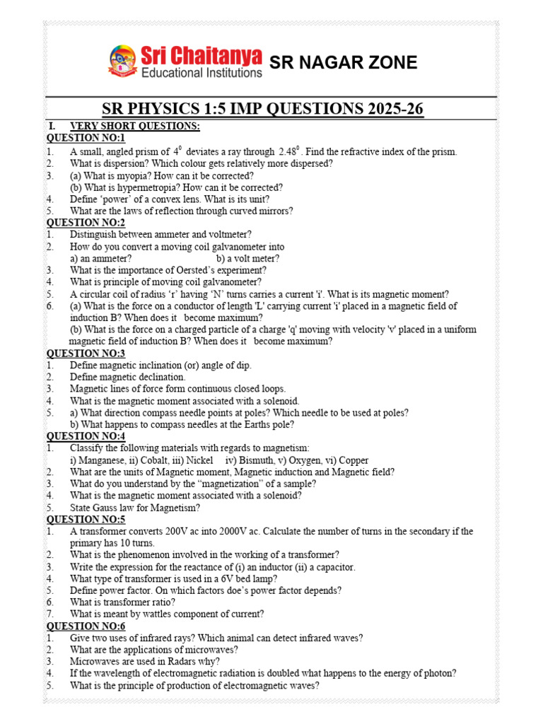 SR Physics 1:5 Important Questions 2025-26 | PDF | Magnetic Field ...