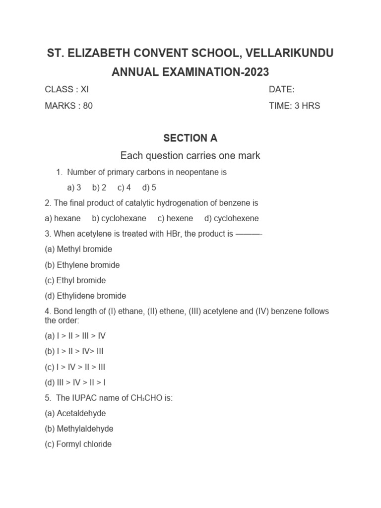 Class XI Chemistry Exam 2023 Questions | PDF | Redox | Chemical Bond