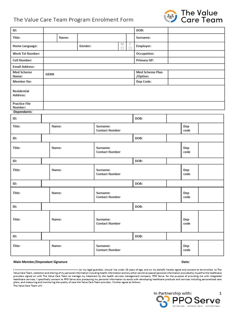 Value Care Team Enrollment Form | PDF | Medical Record | Justice