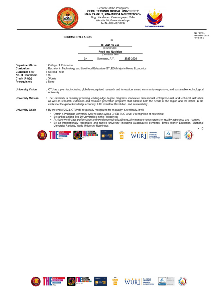 Food and Nutrition Course Syllabus | PDF | Nutrition | Diet & Nutrition
