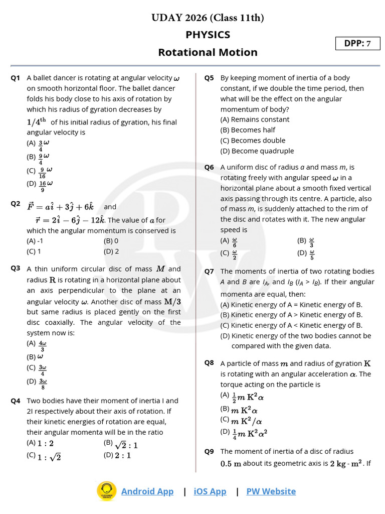 Rotational Motion Physics Questions | PDF | Rotation Around A Fixed ...