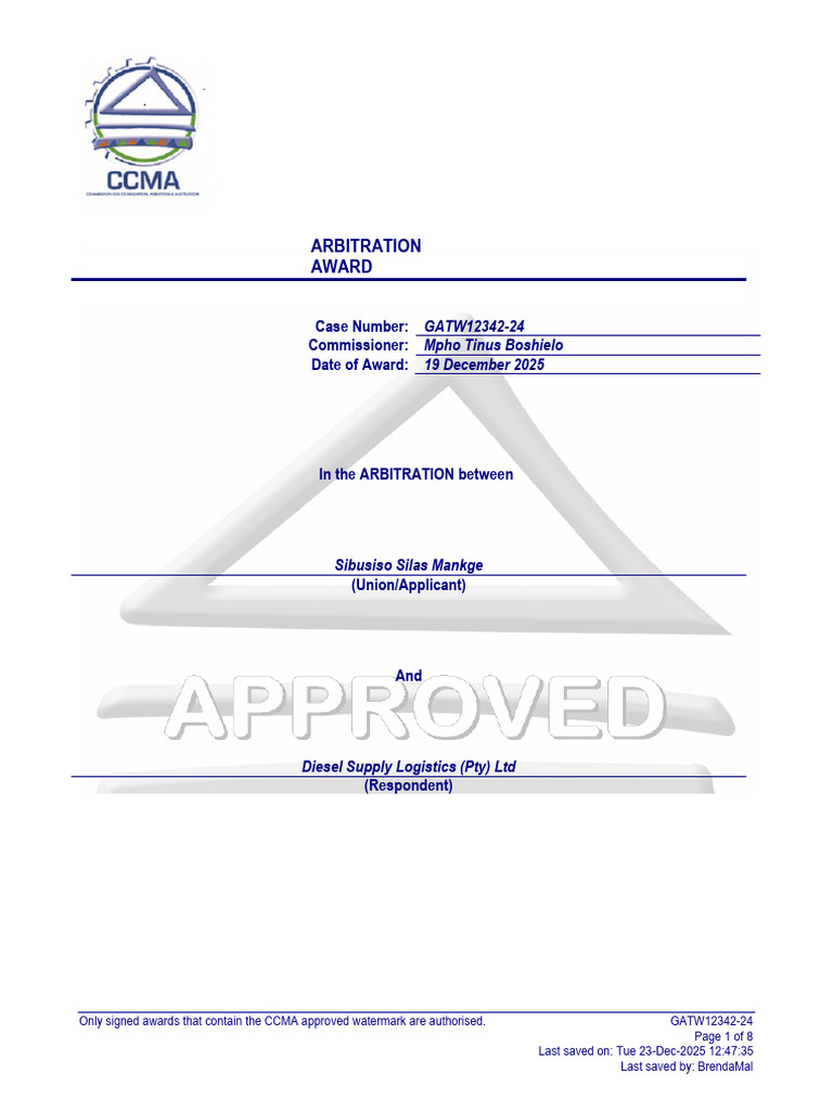 CCMA Arbitration Award GATW12342-24 | PDF | Employment | Justice