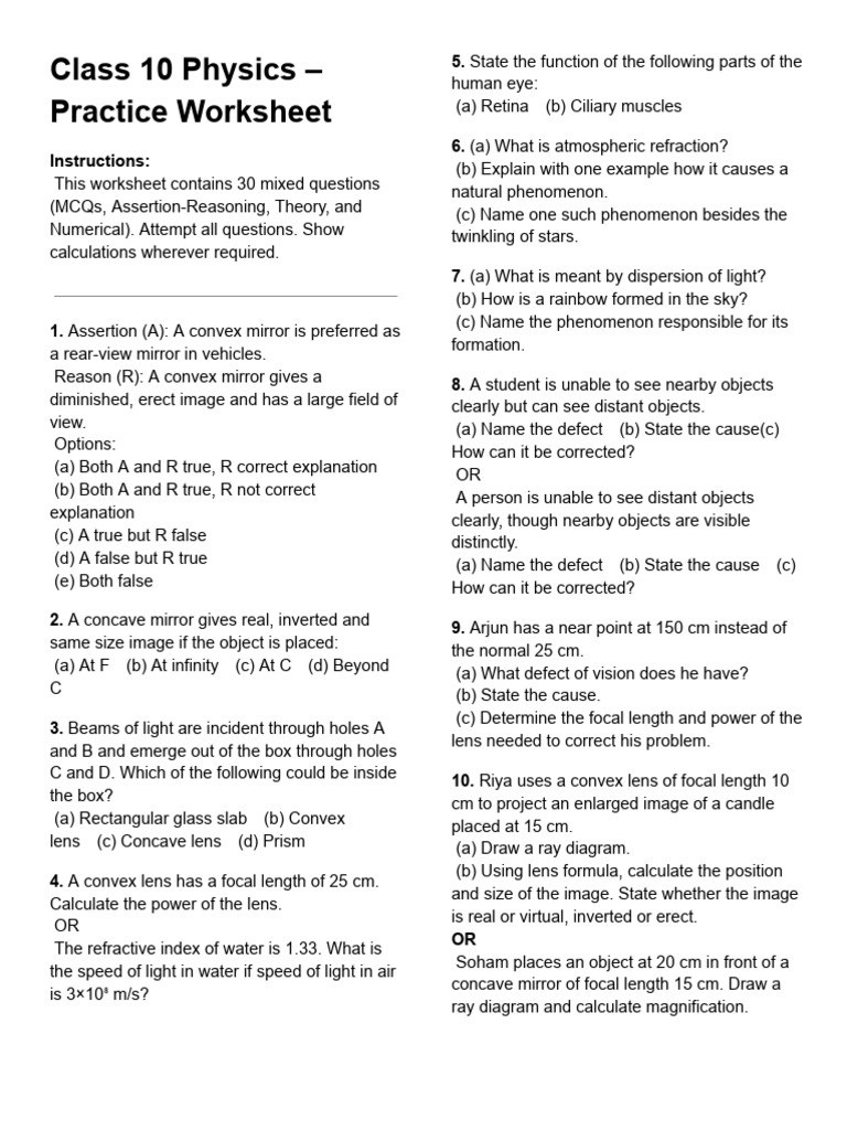 Class 10 Physics Practice Worksheet | PDF | Atomic | Electrodynamics