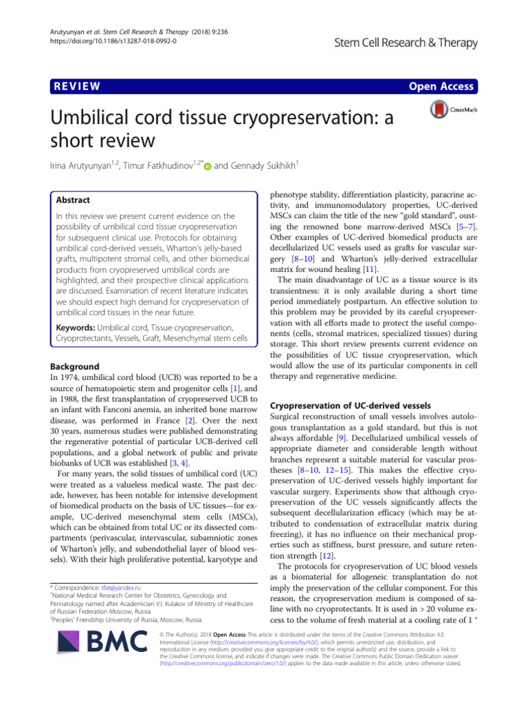 Umbilical Cord Tissue Cryopreservation, 2018 Stem Cell Research | PDF ...