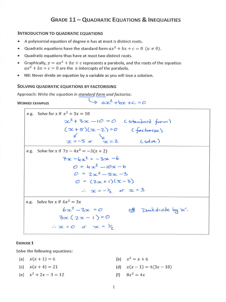 Grade 11 Quadratic Equations & Inequalities (Annotated) | PDF