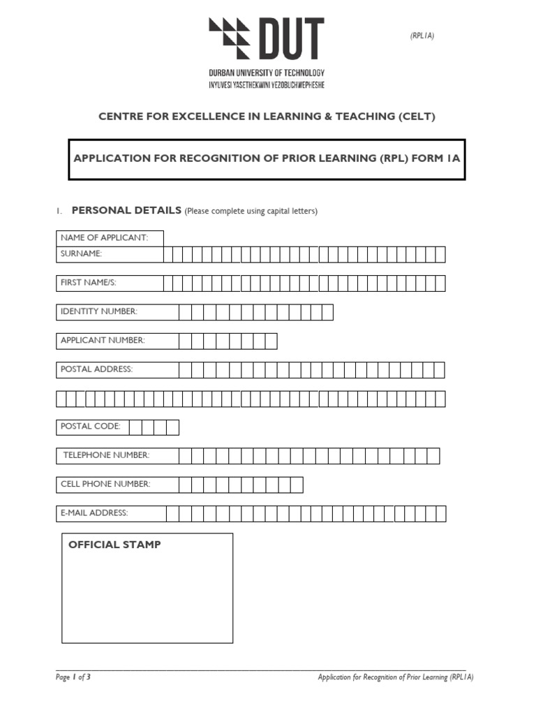 RPL Application Form for Prior Learning | PDF