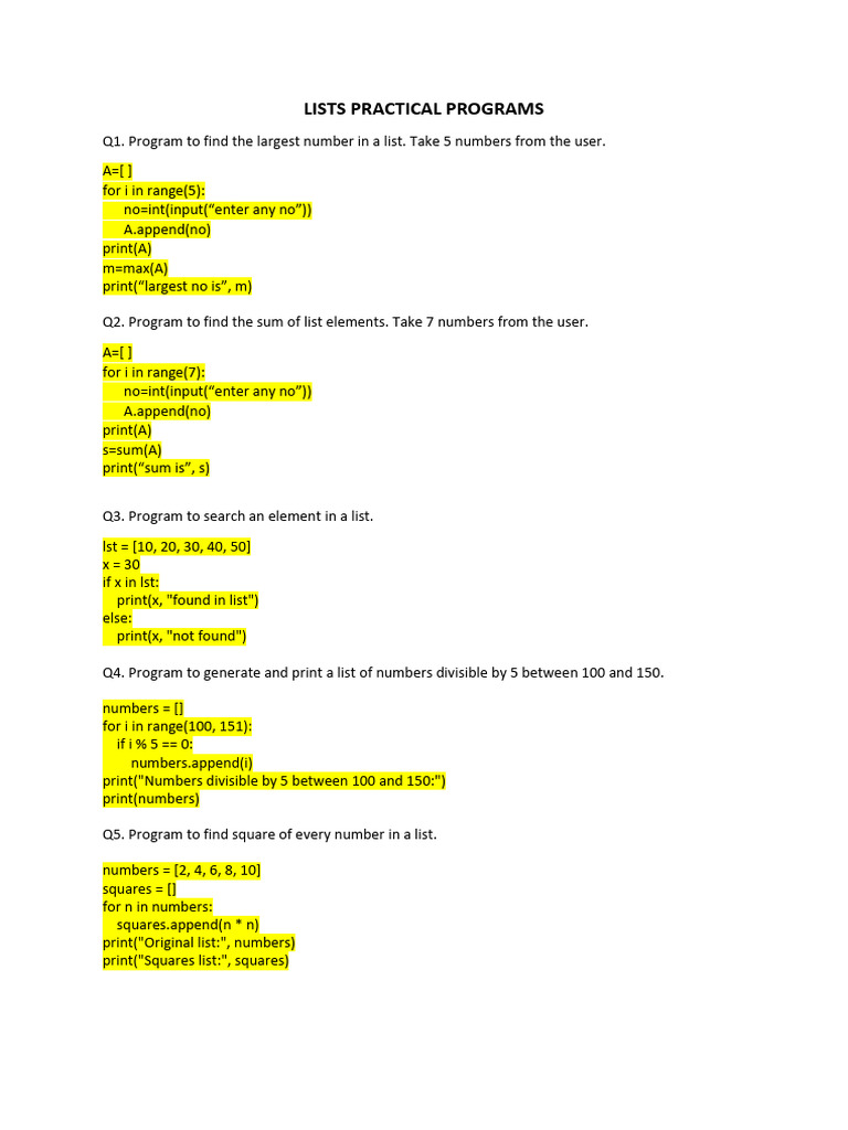 Practical Python List Programs | PDF