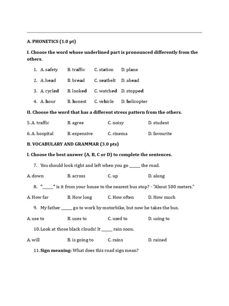 Phonetics and Grammar Practice Test | PDF | Transport | Linguistics