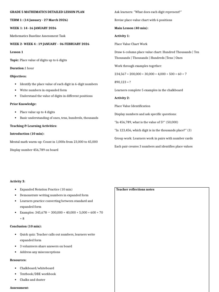 Grade 5 Math Lesson Plan: Place Value & Rounding | PDF | Learning ...