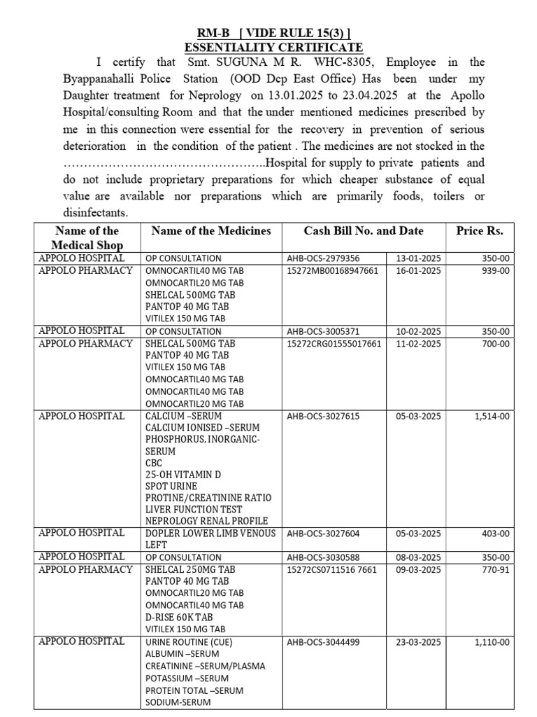 Essentiality Certificate for Nephrology Treatment | PDF | Blood Plasma ...