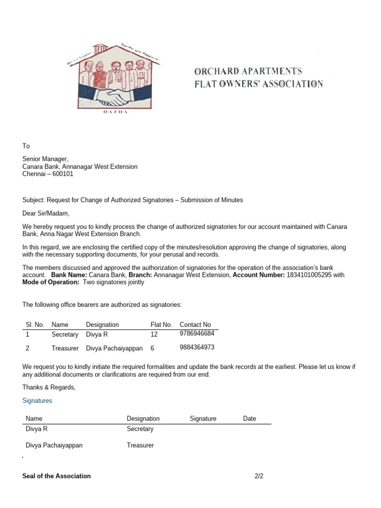 Change of Authorized Signatories Request | PDF