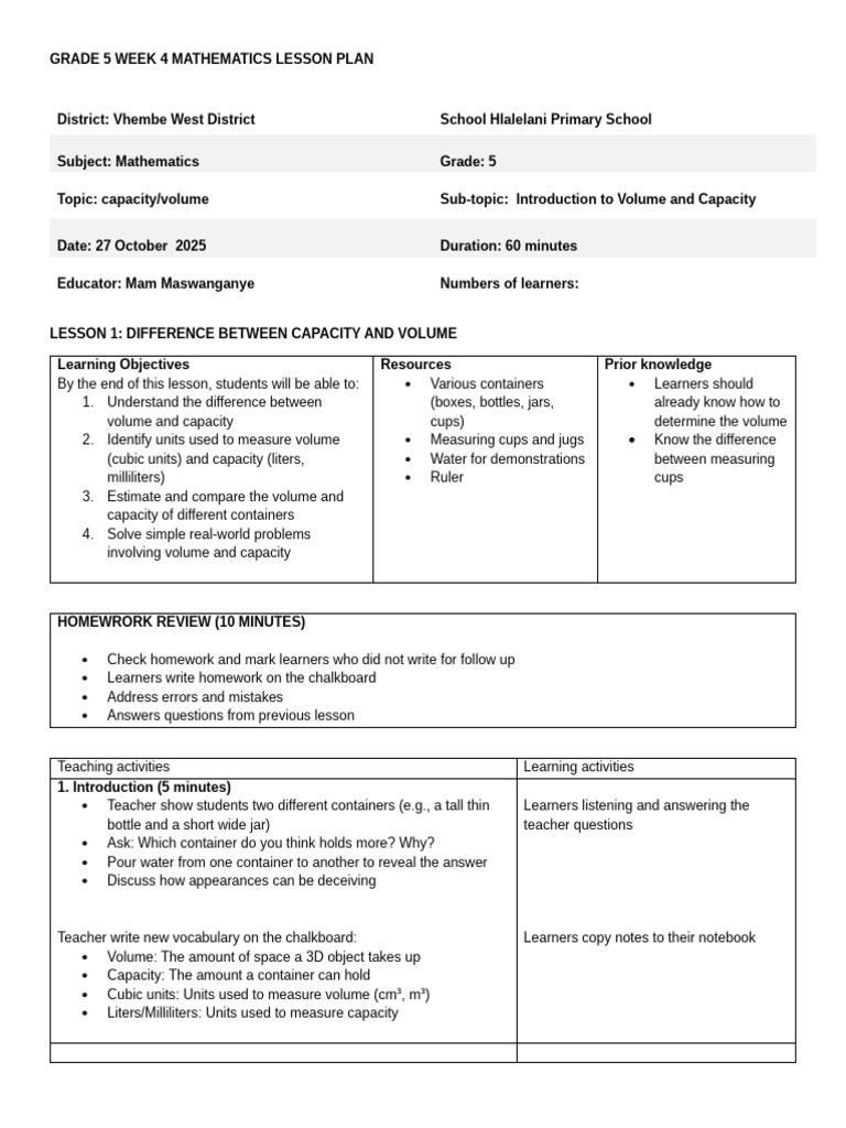 Grade 5 Math: Volume & Capacity Lesson Plan | PDF | Volume | Litre