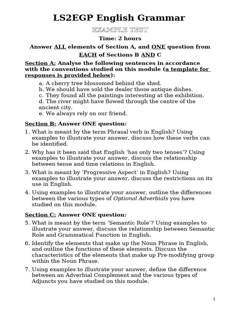 LS2EGP_EG Example Test | PDF | English Language | English Grammar