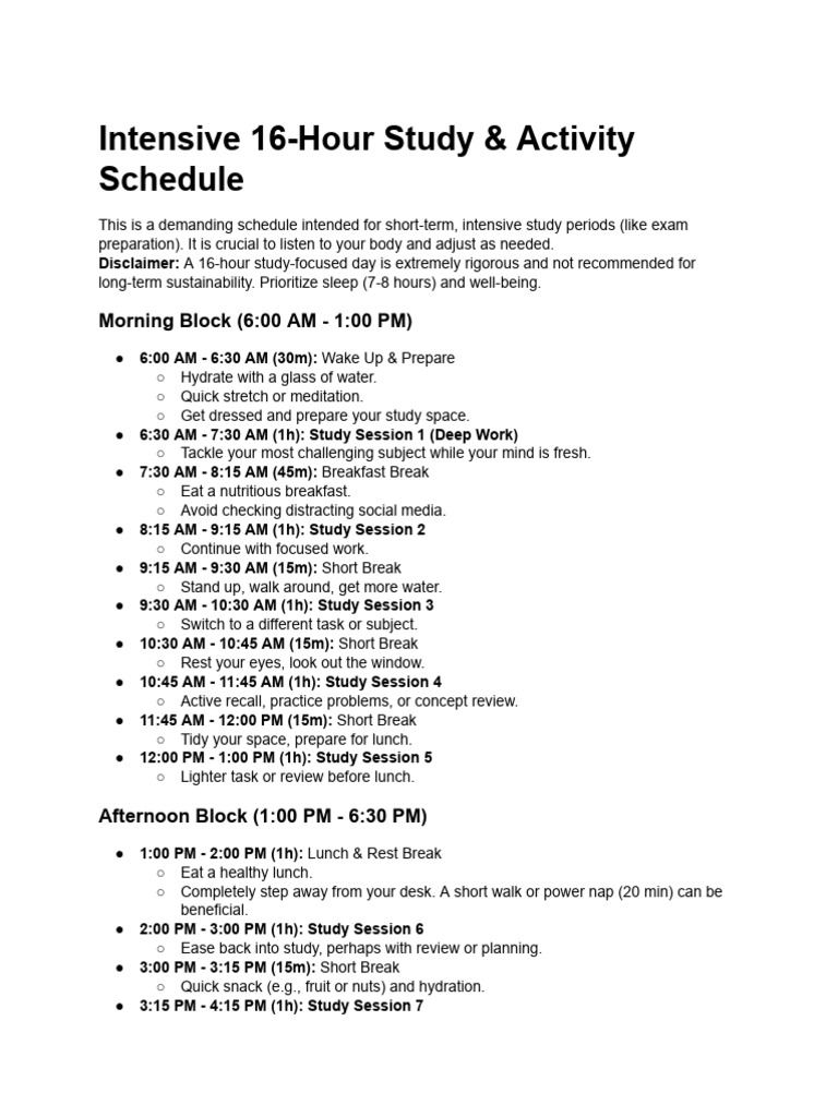 16-Hour Intensive Study Schedule | PDF | Determinants Of Health