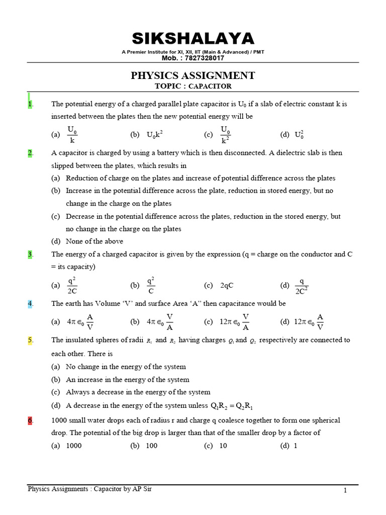 Capacitor Physics Assignment Questions | PDF | Capacitor | Capacitance